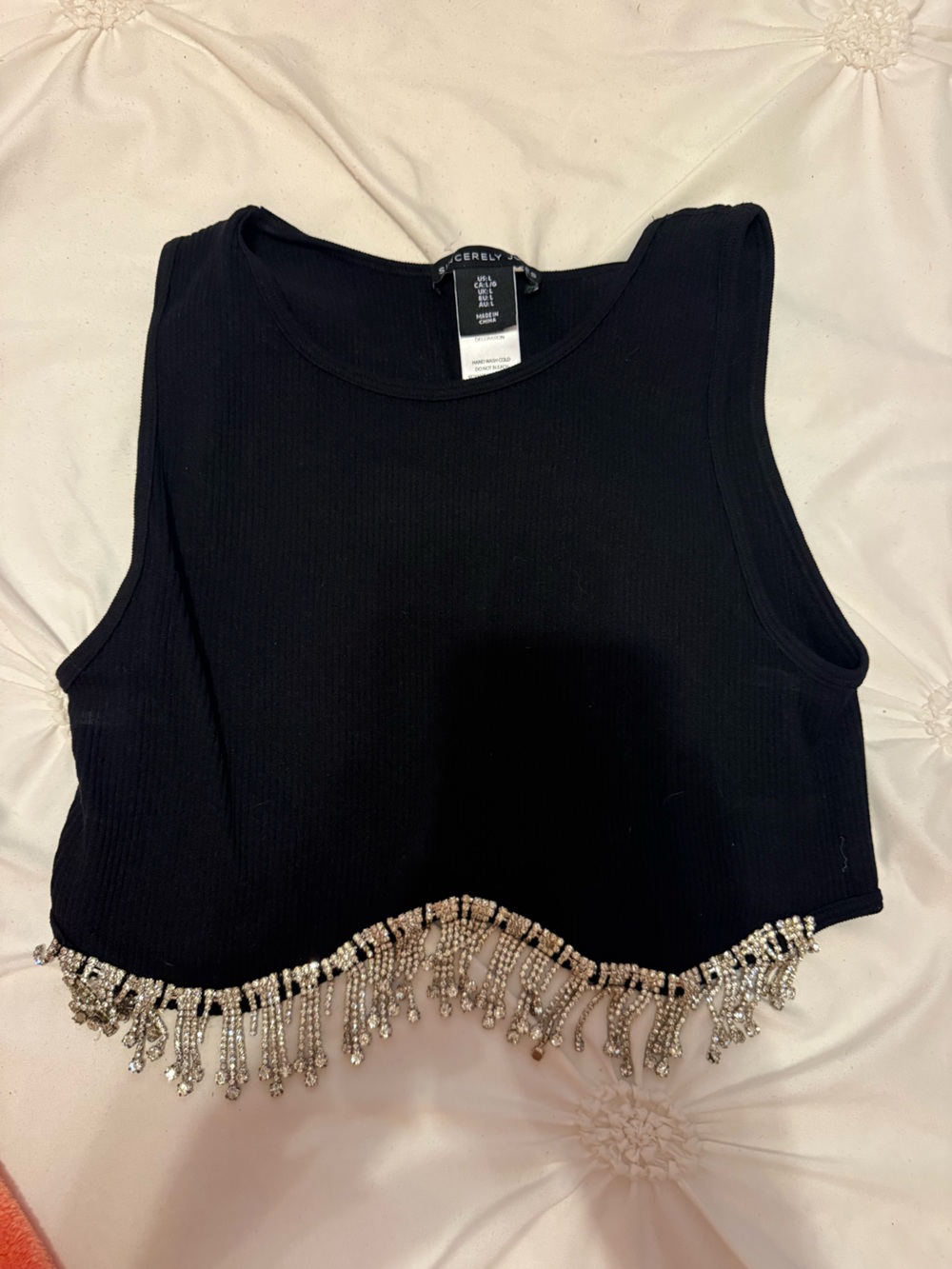 Sincerely Jules Black Cropped Tank with Rhinestone Fringe